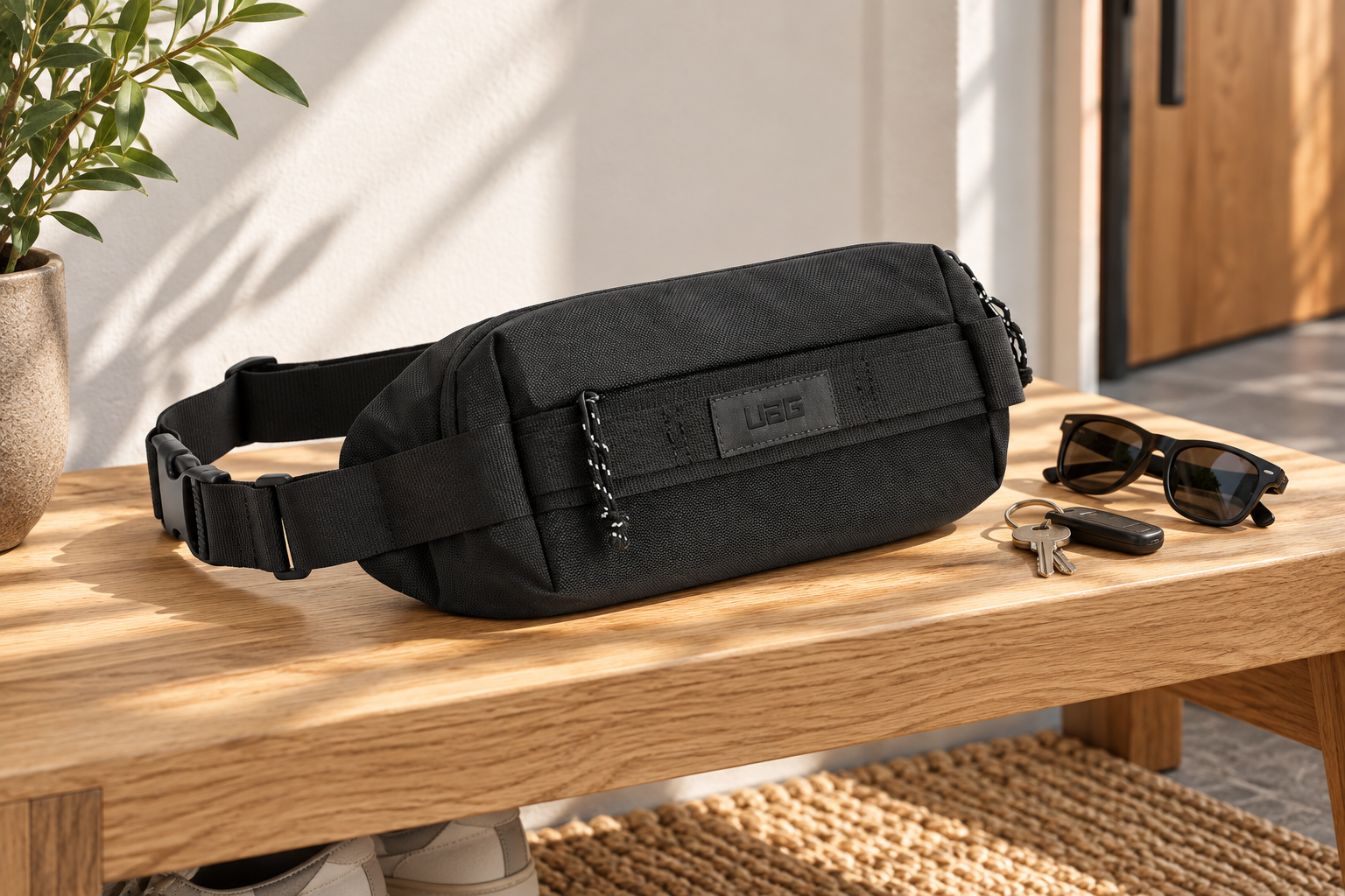 UAG 黑色 Ration 斜背包的 AI 玄關情境示意;非實拍,場景道具非配件