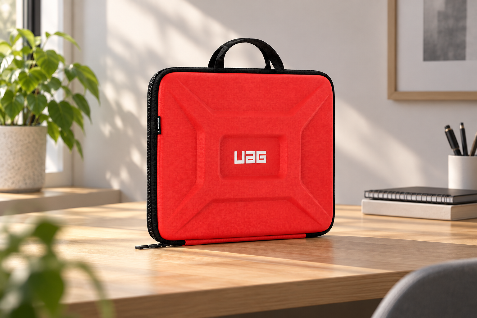 UAG 紅色手提電腦包的 AI 辦公情境示意；非實拍，場景道具非配件