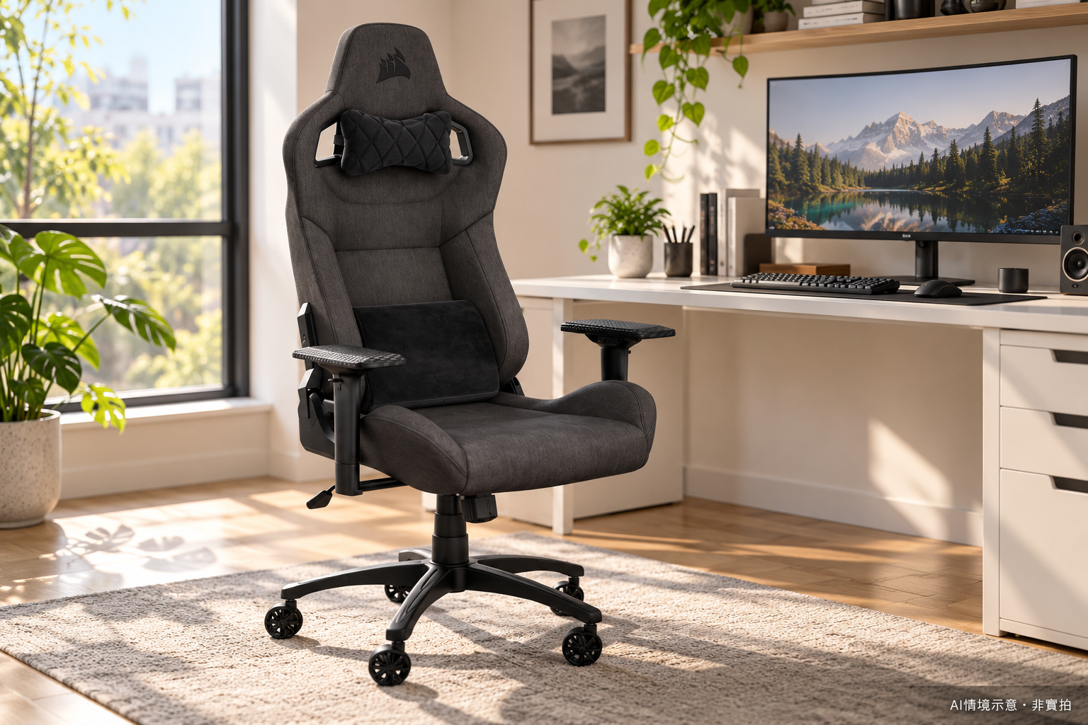 CORSAIR T3 RUSH V2 怎麼選?2023 版本、4D 扶手與布面座椅指南的 AI 桌面或居家情境示意,非實拍