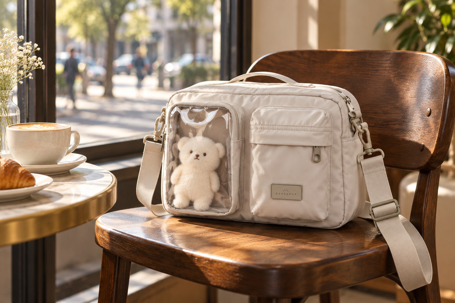 石色 DOUGHNUT Satchel Lucent 透明展示斜背包置於咖啡店椅子的 AI 情境圖