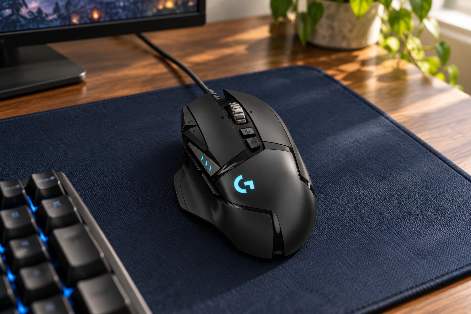 AI 生成的黑色 Logitech G502 HERO 有線滑鼠桌面情境示意,保留 G 標誌與角形外殼