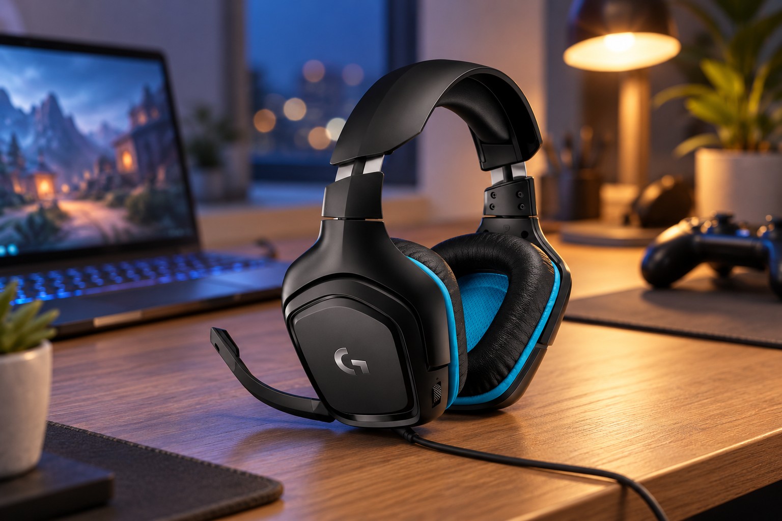 AI 生成的黑色青藍配色 Logitech G431 有線耳機桌面情境,含翻轉式桿麥與固定線材