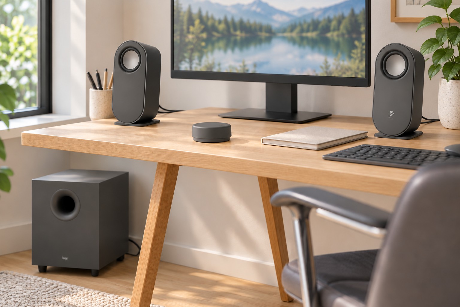 石墨灰 Logitech Z407 雙衛星音箱、重低音與無線轉鈕的 AI 桌面情境