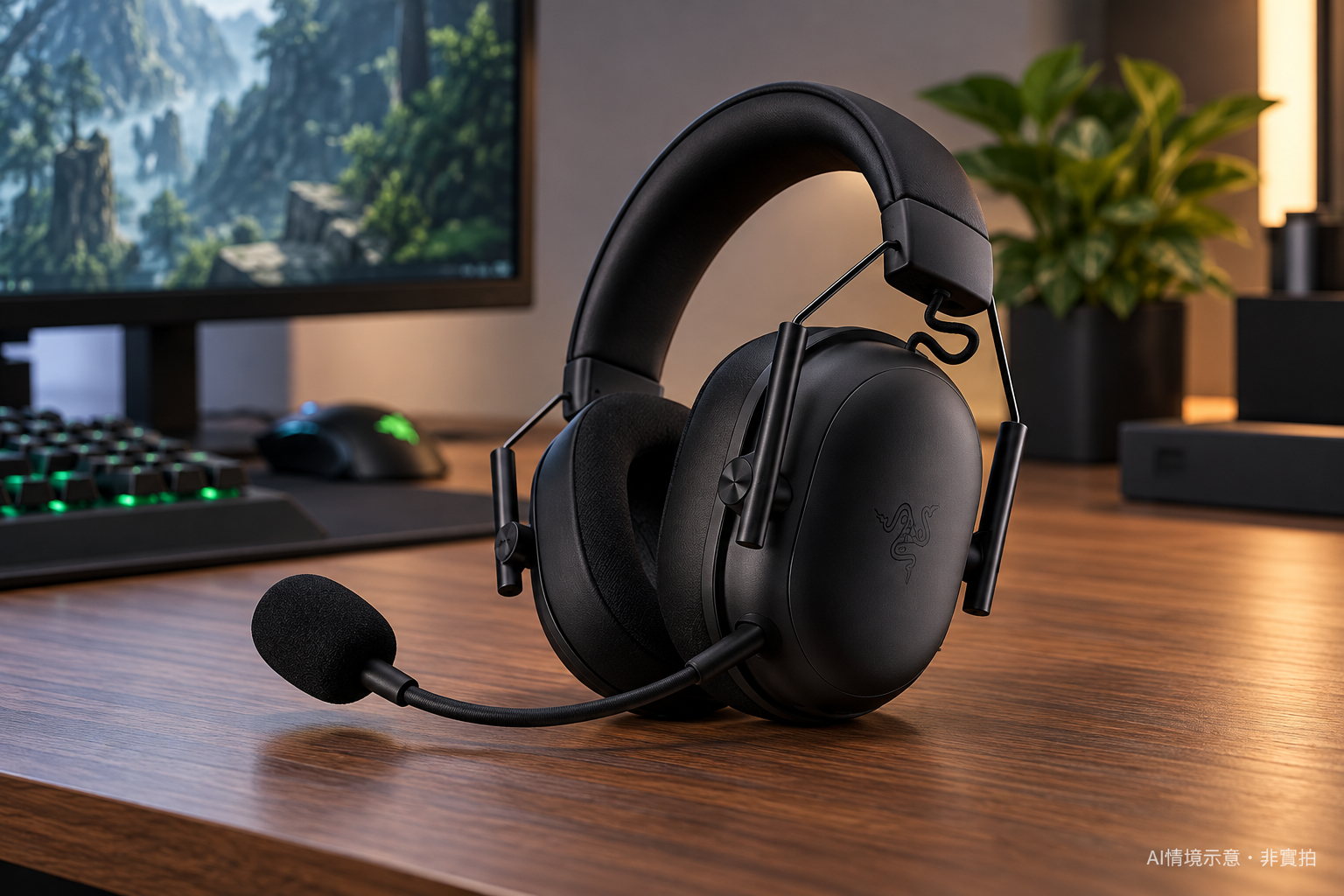 Razer BlackShark V3 X HyperSpeed 適合誰?三模連線、麥克風與平台指南的 AI 桌面或居家情境示意,非實拍