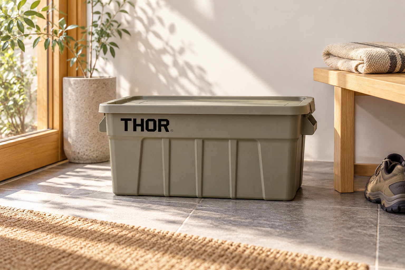 THOR 53L 軍綠附蓋收納箱居家入口整理情境